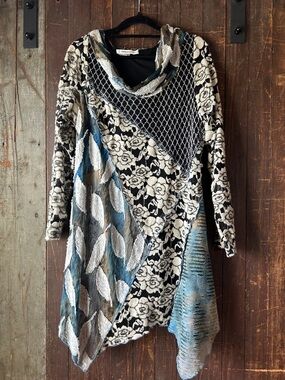 Feratelli - Floral Patchwork Dress with Cowl Neck - Black, Cream & Blue